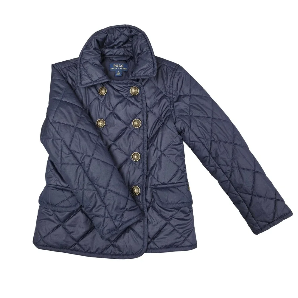 Polo Ralph Lauren Quilted Jacket Girls 5 Navy Blue Double Breasted Crest Button